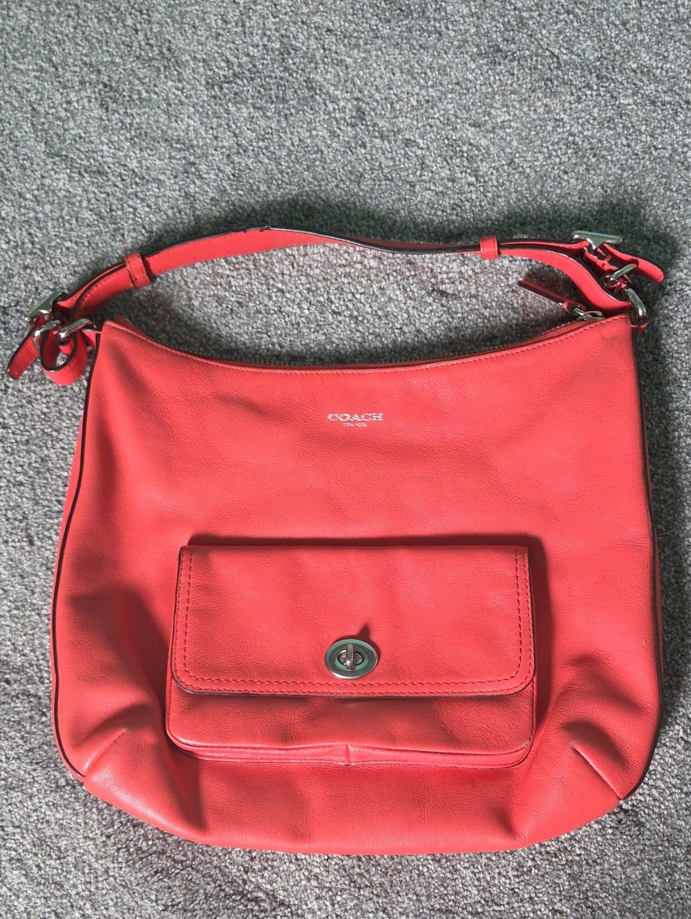 Coach Coral-Red Leather Shoulder Bag with Front Pocket